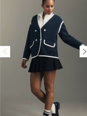 Anthropologie Navy and White Double-Breasted Cardigan